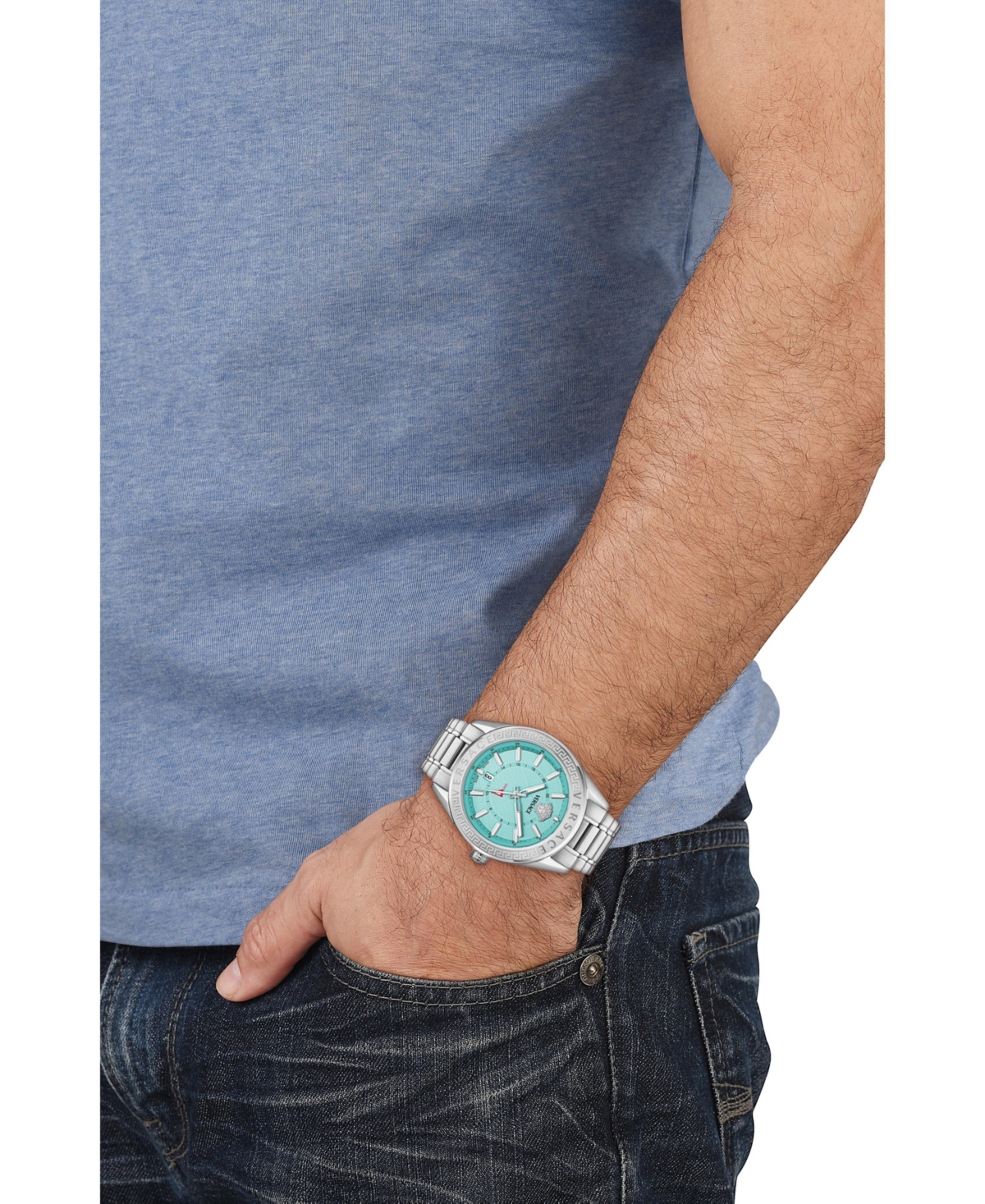 Versace Men's V-code Silver Stainless Steel Bracelet Watch, 42mm In Silver,blue