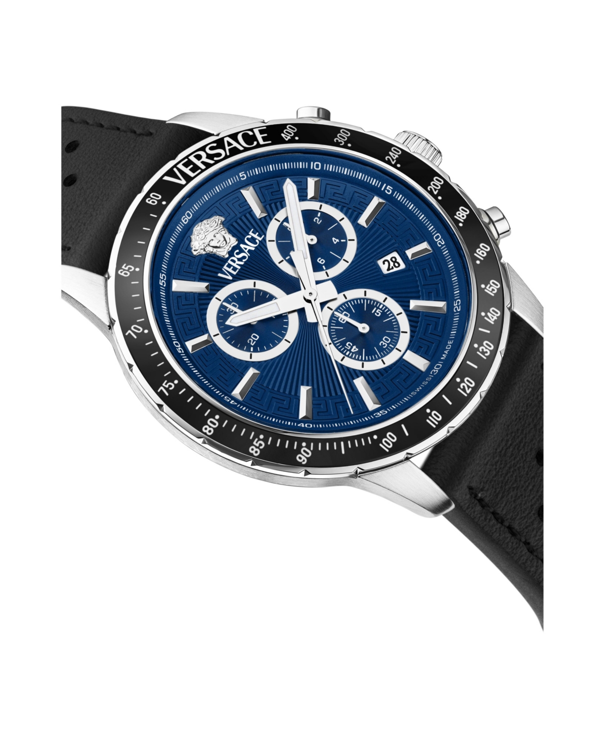 Versace Men's Sport Chrono Silver Stainless Steel And Leather Strap Watch, 44mm In Black,blue