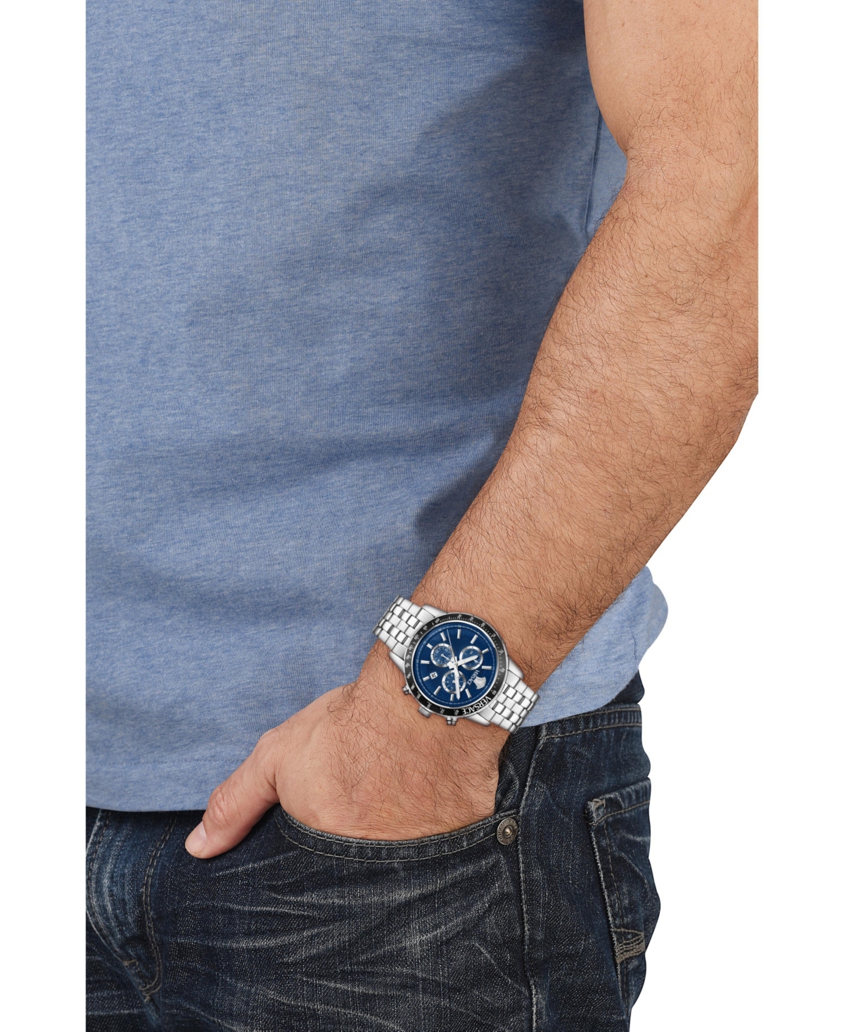 Versace Men's Sport Chrono Silver Stainless Steel Bracelet Watch, 44mm In Silver,blue