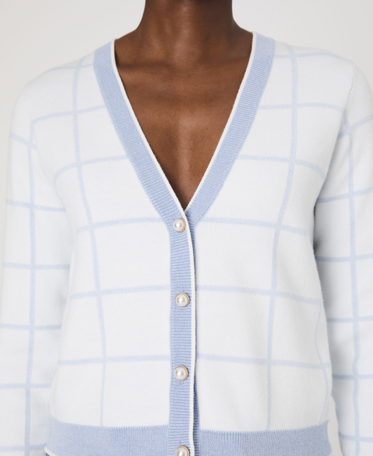 French Connection Women's Check-print Button-front Cardigan In Summer White,sky Blue