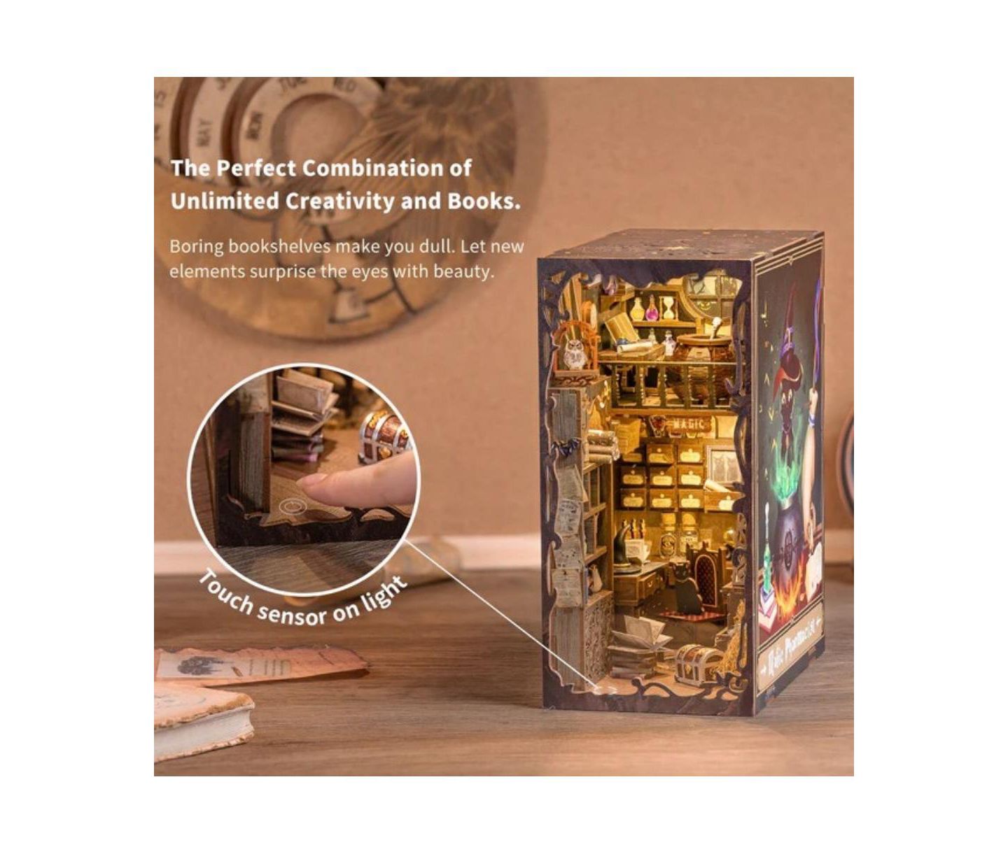 Детские конструкторы Cutebee Magic Pharmacist LED Light Book Nook Kit, 282-Piece Building Set, Ages 14+, цвет: Коричневый — фото 6
