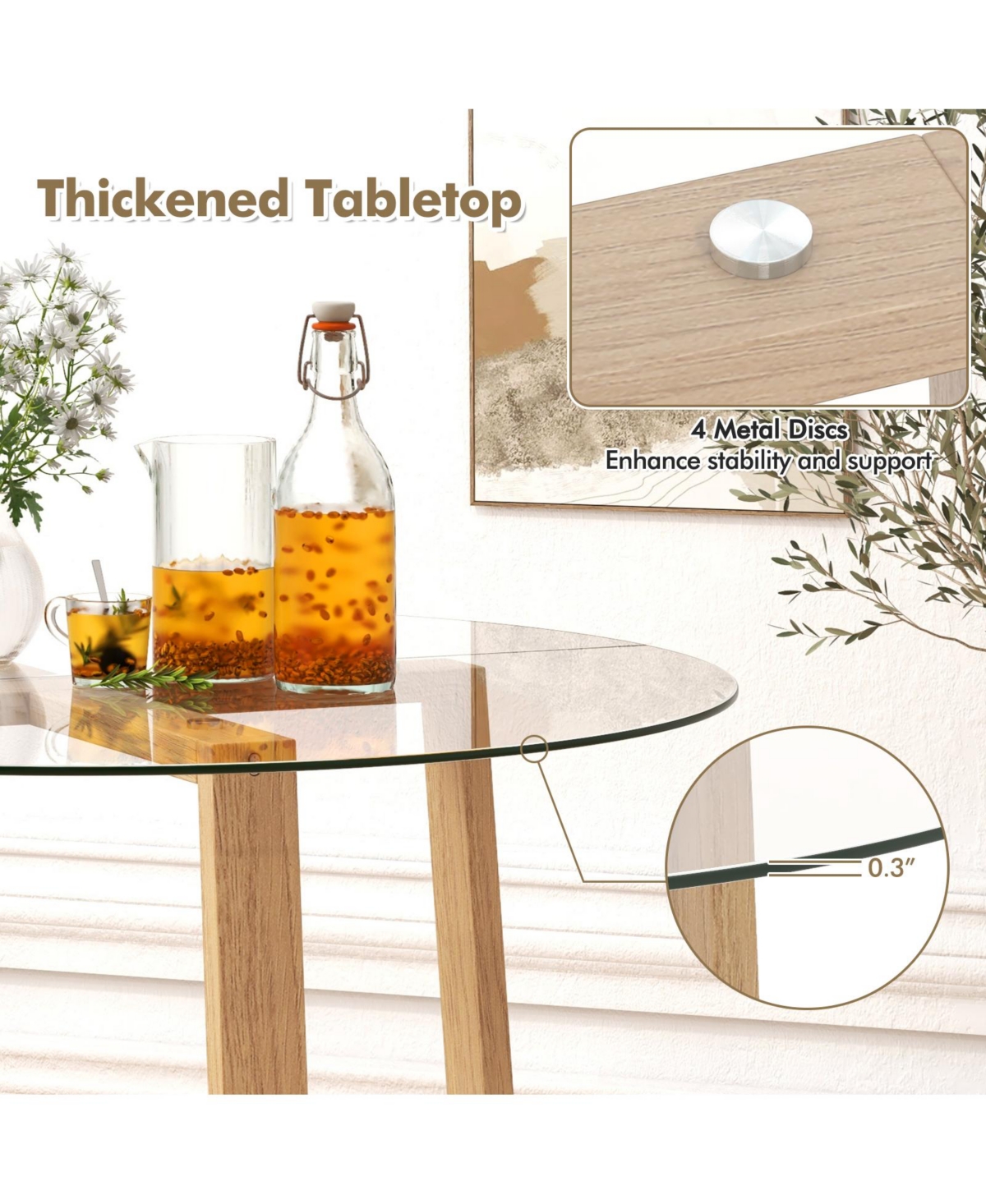 Gouun Inches Round Glass Dining Table with Tempered Glass Tabletop and Rubber Wood Legs