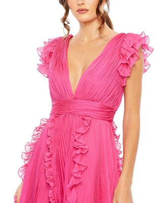 Mac Duggal Women's Pleated Ruffle Cap Sleeve Flowy A Line
