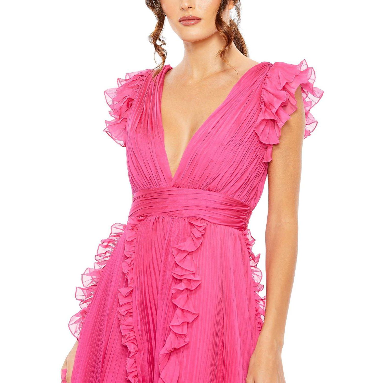 Women's Pleated Ruffle Cap Sleeve Flowy A Line Gown