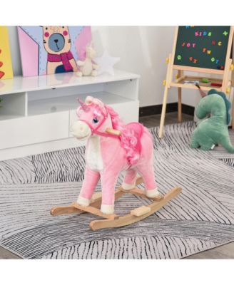 Kids Rocking Horse, Ride on Unicorn w/ Wooden Base, Tail Wag & Sounds