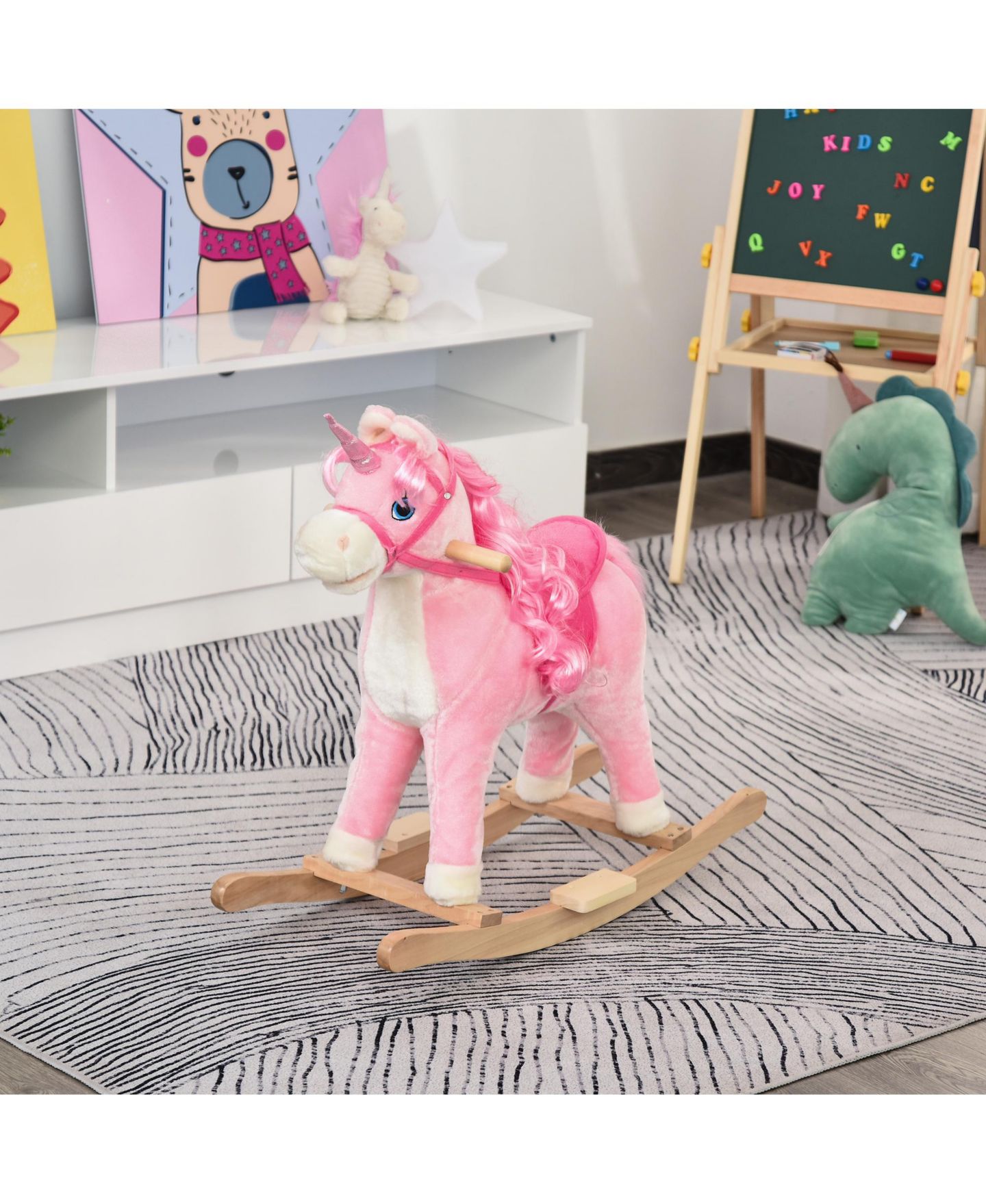 Детская игрушка Qaba Kids Rocking Horse, Ride on Unicorn w/ Wooden Base, Tail Wag & Sounds, цвет: Розовый — фото 5
