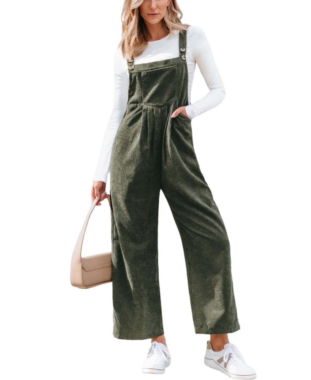 Women's Corduroy Square Neck Jumpsuit - Green