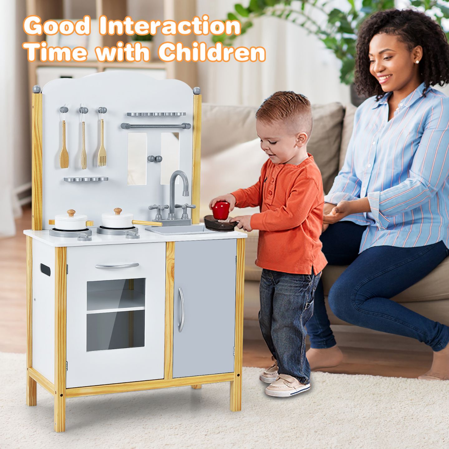 Детские игрушки Costway Play Kitchen with Storage Cabinet 6-Piece Set, Ages 3+, цвет: Белый — фото 4