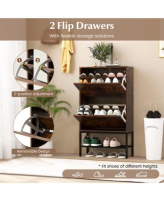 Industrial Shoe Storage Cabinet with 2 Flip Drawers and 1 Bottom Metal Shelf