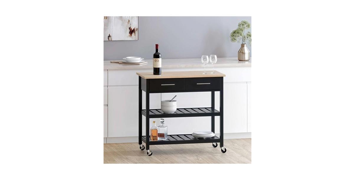 Slickblue Modern Kitchen Island Cart with Wood Top 2 Drawers and 2 Bottom Shelves