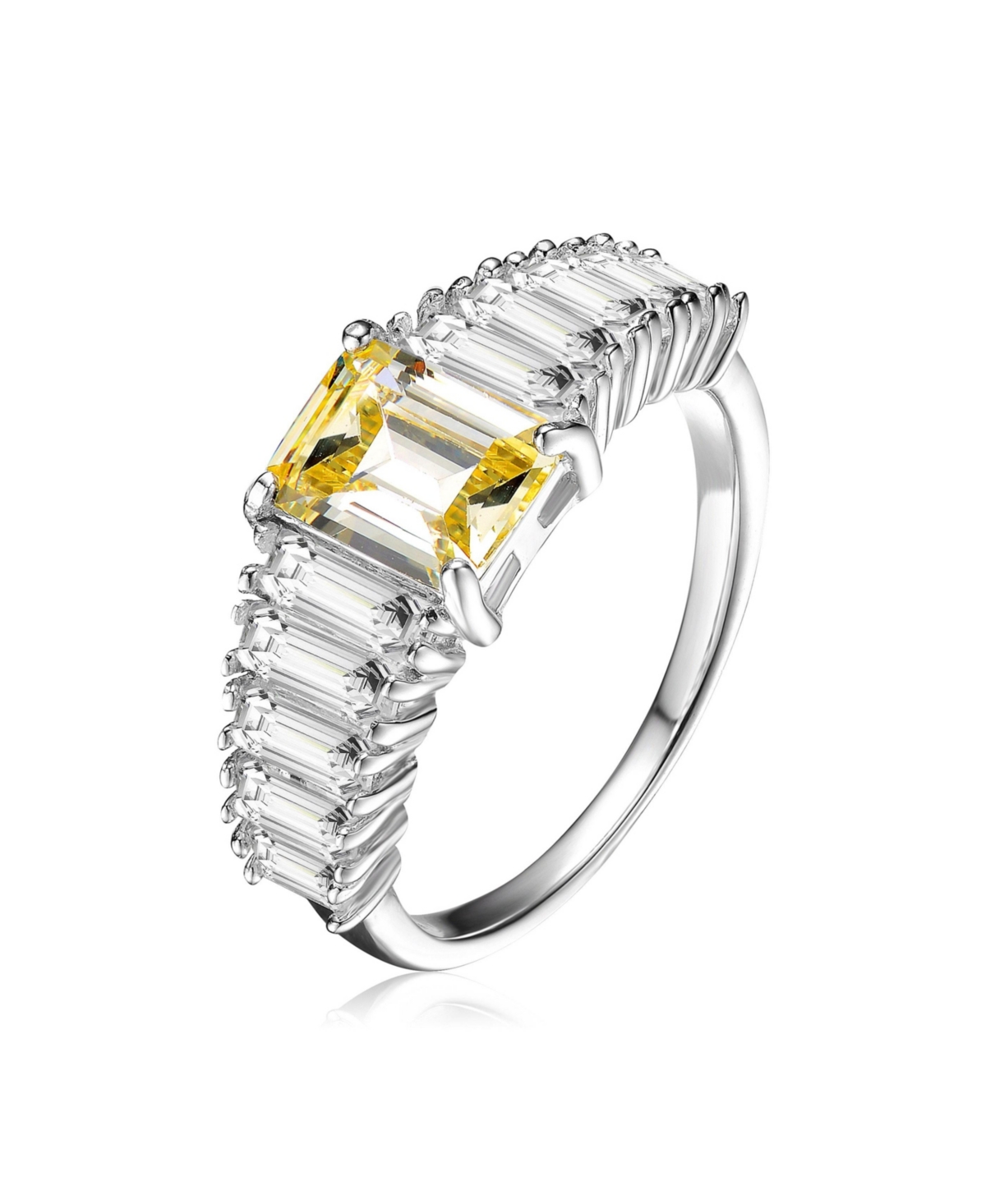 Sterling Silver with White Gold Plated Yellow Asscher with Clear Cubic Zirconia Cluster Ring - Yellow