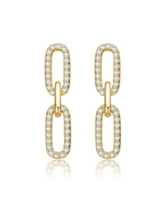 Sterling Silver 14k Gold Plated with Cubic Zirconia Triple Link Chain Dangle Earrings