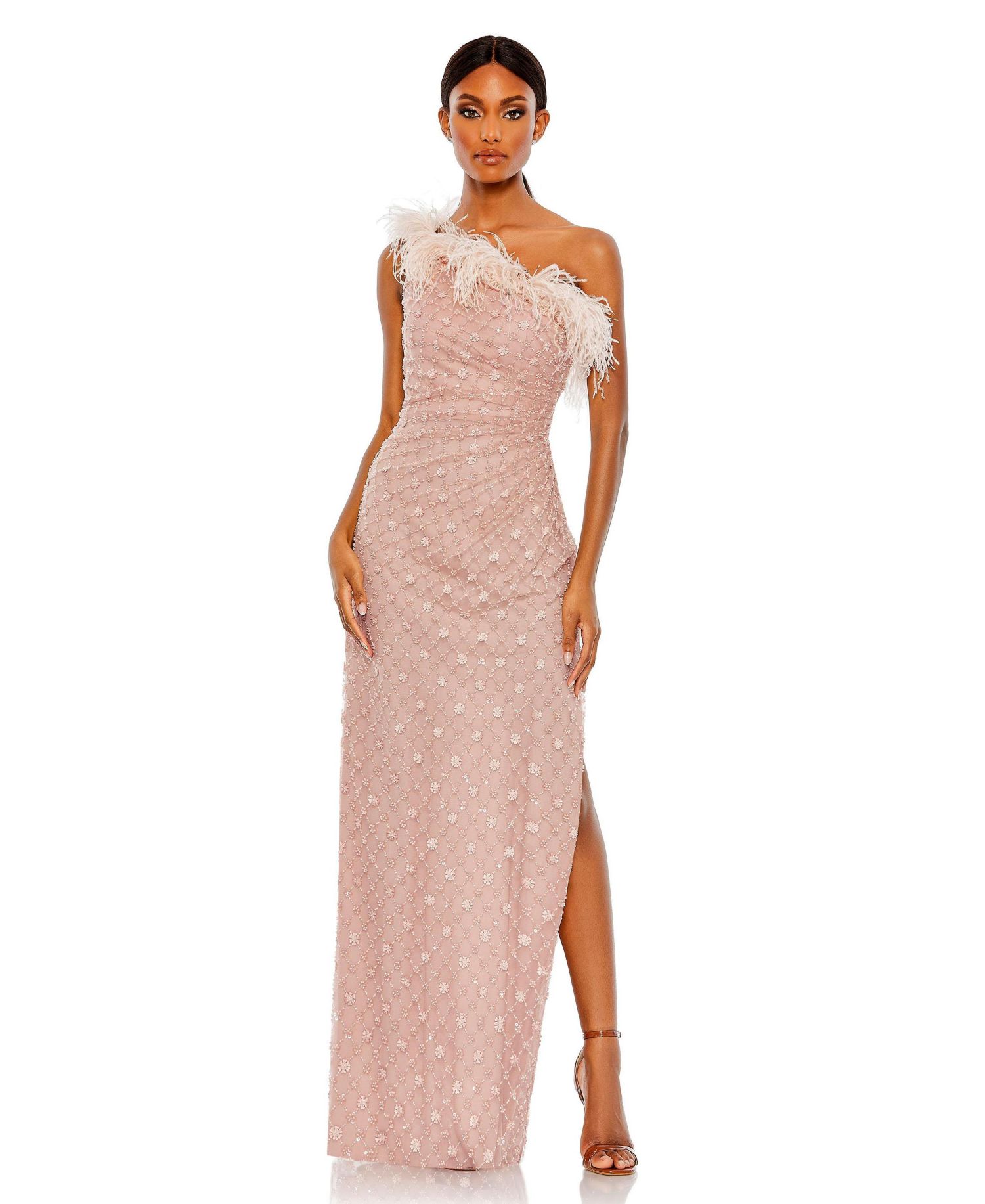 Women's Embellished One Shoulder Feathered Gown