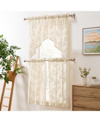 Butterfly Floral Lace - Sheer 3 Piece Kitchen Curtains Set, Light Filtering Transparent Window Swag Valance + 36 inch Tiers Set