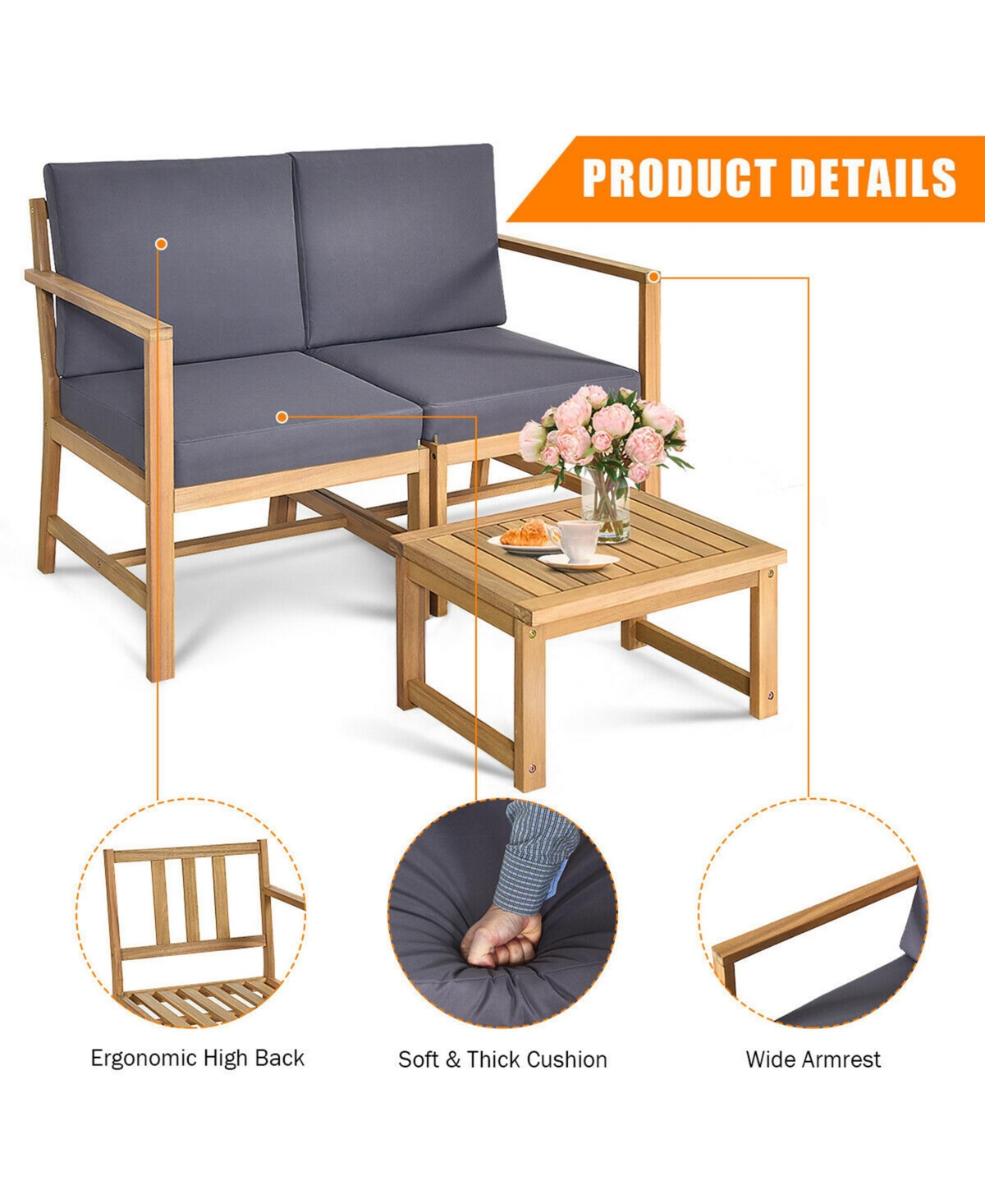Gymax 1 Acacia Wood Furniture Set Patio Outdoor w/ Cushion Coffee Table - Grey+natural