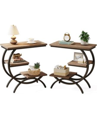 C-Shaped End Table Set of 2, Industrial 3-Tier Small Side Table for Couch, Wood Bedside Table Snack Side Table with Storage Shelves