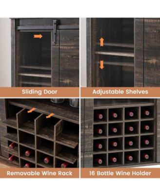 Wine Bar Cabinet,47" Farmhouse Coffee Bar Cabinet with Sliding Barn Door, Buffet Sideboard Cabinet with 16 Bottle Wine Rack for Dining, Living Room Dining Kitchen