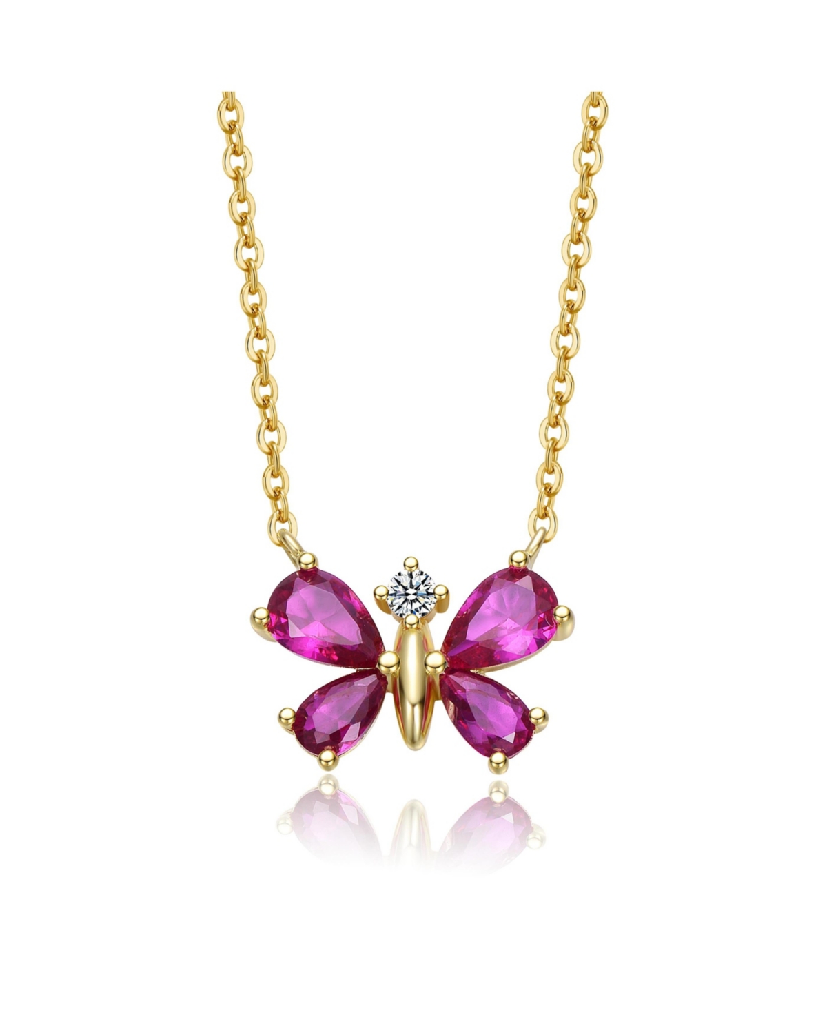 Sterling Silver 14K Gold Plated Butterfly Necklace with Red Cubic Zirconia - Red