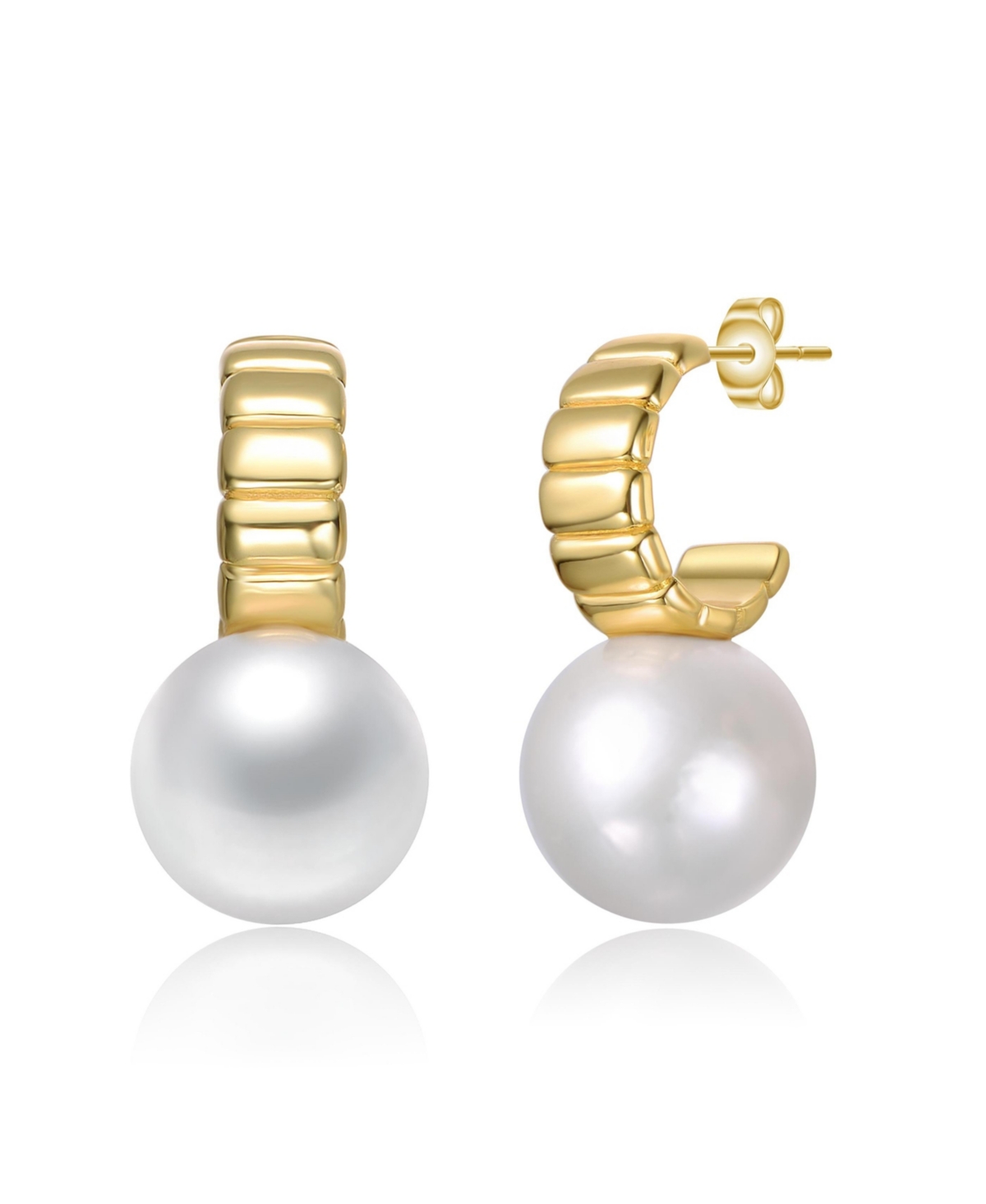 Sterling Silver 14K Gold Plated with Freshwater Pearl Textured C-Hoop Drop Earrings - Gold