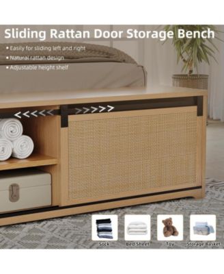 Natural Rattan Full Size Bed Frame with Sliding Barn Door Storage Cabinets and Headboard, Boho Farmhouse Wood Platform Bed with Solid Wood Legs Support, No Box Spring Needed