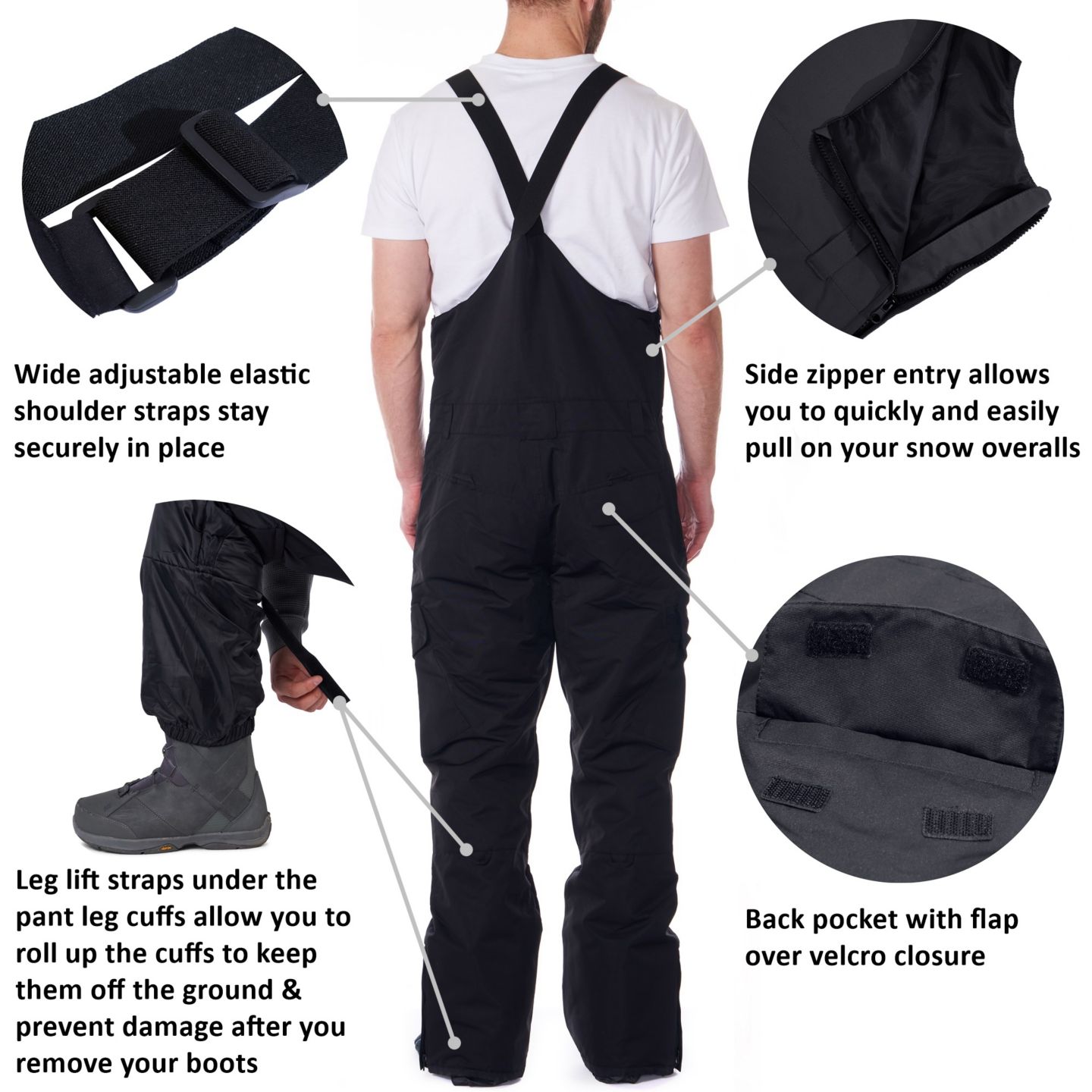Мужские брюки Alpine Swiss Insulated Snow Bib Overalls Waterproof Ski Snowboard, цвет: Чёрный — фото 4