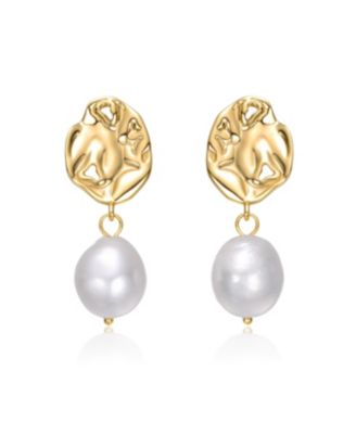 Sterling Silver 14K Gold Plated with White Freshwater Pearl Crinkled Drop Earrings
