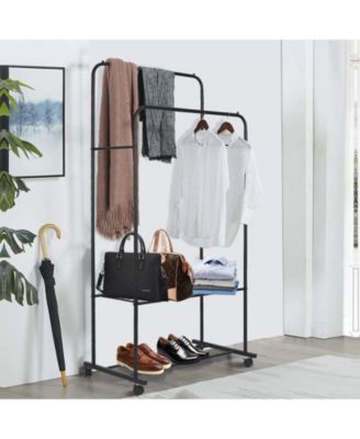 Double Rail Clothes Stand: Garment Rack on Wheels with Storage Shelves
