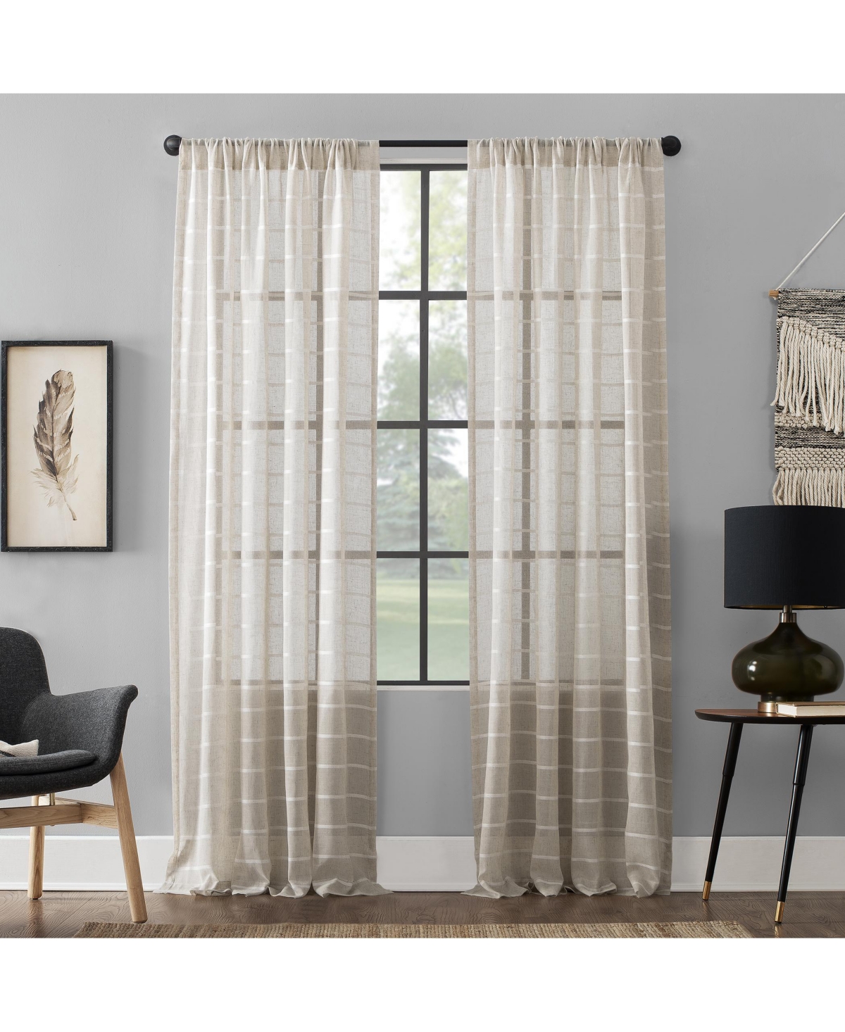 Twill Stripe Anti-Dust Linen Blend Sheer Curtain Panel - Mocha/linen