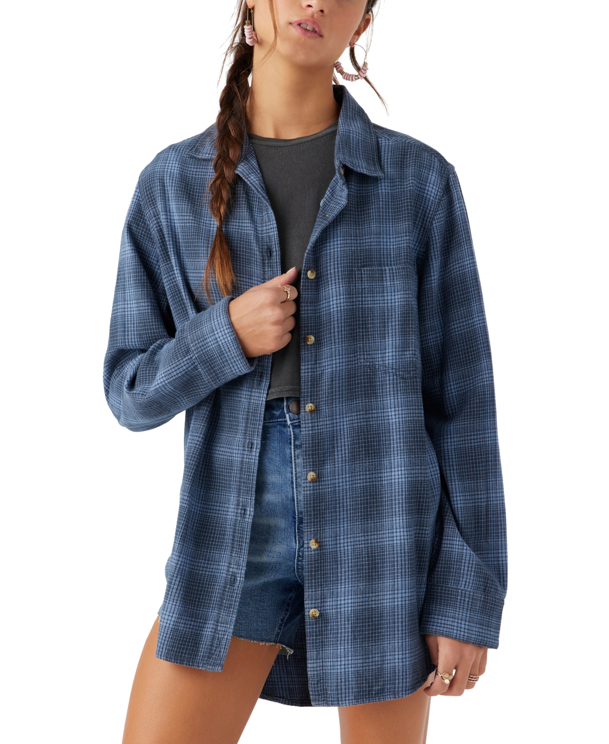 Juniors' Travys Plaid Print High-Low-Hem Cotton Shirt - Deep Taupe