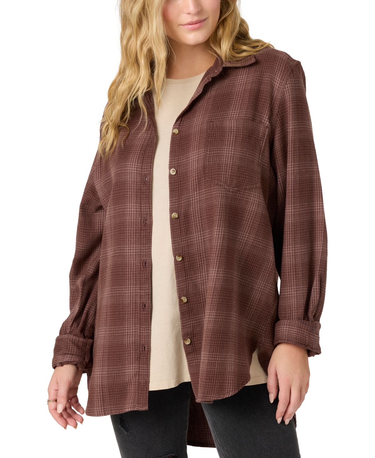 Juniors' Travys Plaid Print High-Low-Hem Cotton Shirt - Deep Taupe