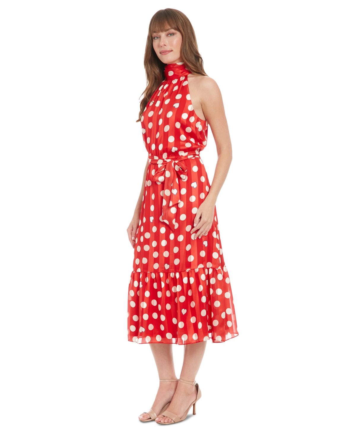 London Times Women's Polka-dot Tie-waist Mock-neck Dress In Red,cream