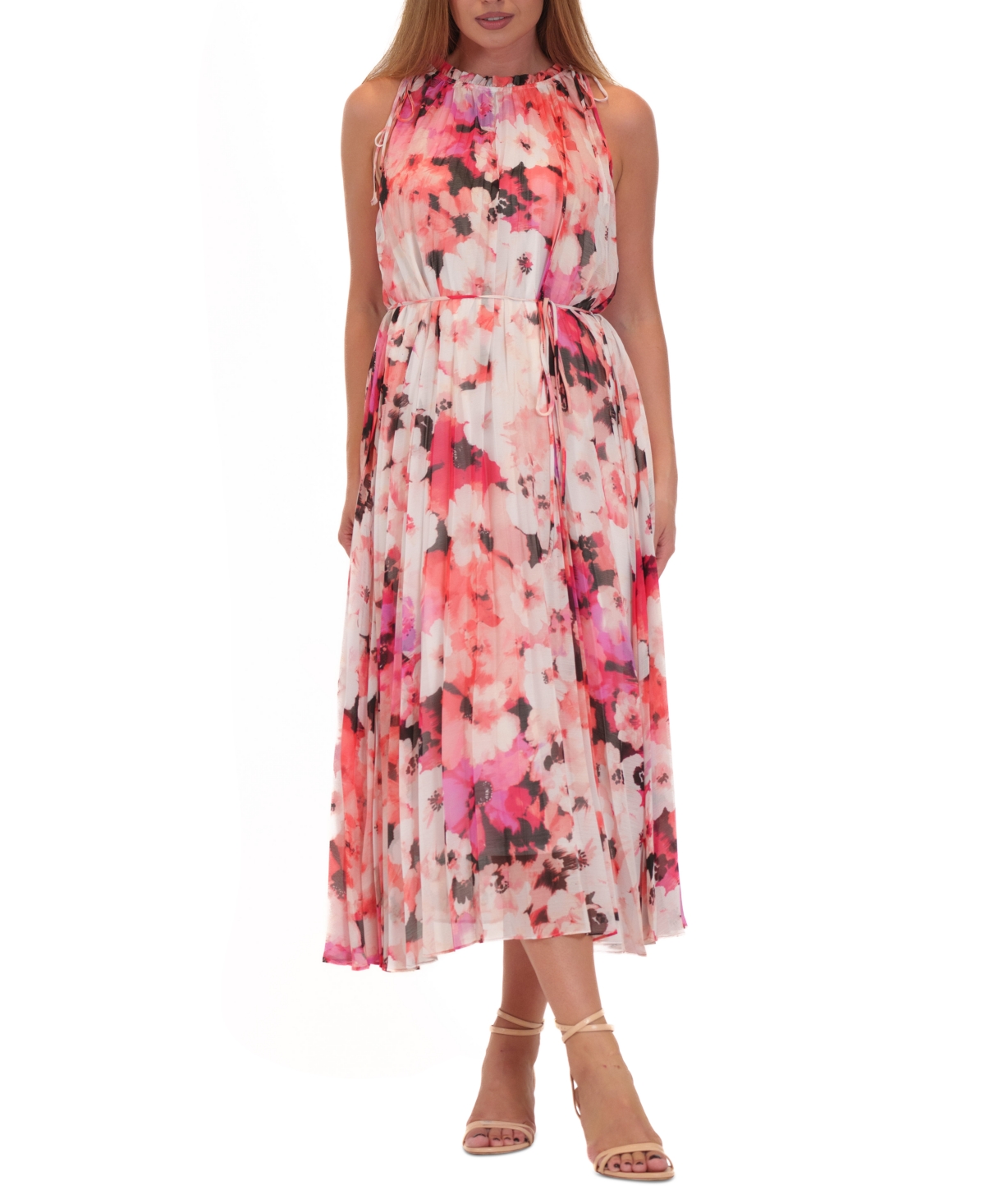 Women's Floral Chiffon Pleated Scoop-Neck Midi Dress - Ivory/mult