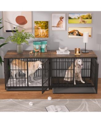 Furniture Style Wooden Dog Crate Pet Kennel End Table with Three Doors and Tray