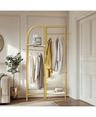 Gold Metal Corner Coat Rack: Garment Rack with 2 Shelves Storage Hanging Clothes