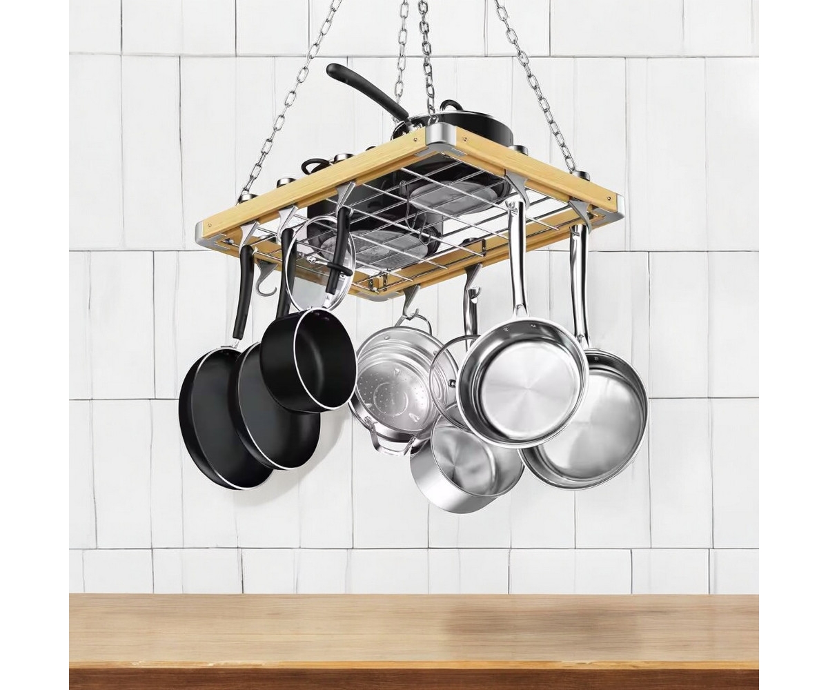 Slickblue Rectangular 23.5-inch Metal Wood Ceiling Mounted Kitchen Pot Rack