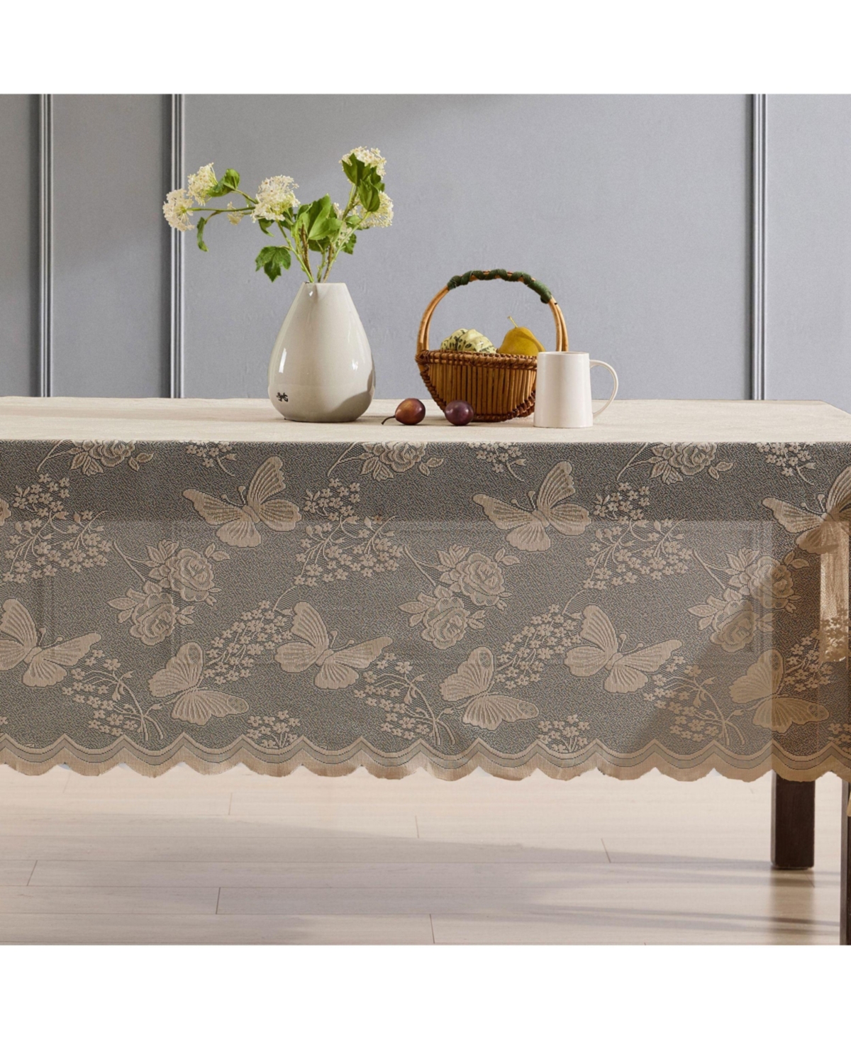 Butterfly Floral Lace Fabric Tablecloth, Lace Fabric Table Cloth for Rectangle Square Tables, Wrinkle Resistant Tablecloth, Patterned Scalloped