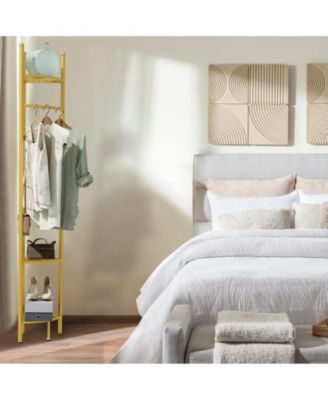 Freestanding Gold Metal Coat Rack: Clothes Stand with Shelves Storage