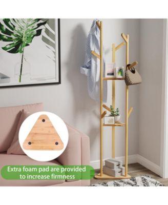 Sturdy Garment Clothes Stand: Natural Bamboo Coat Rack Hat Hanger Stand with Shelves