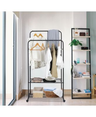 Double Rail Clothes Stand: Garment Rack on Wheels with Storage Shelves