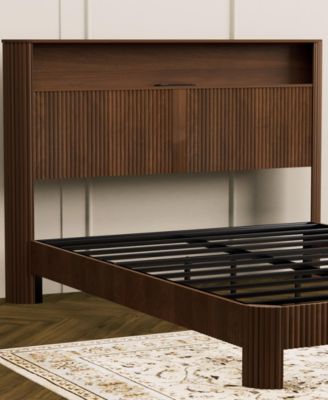 Queen Upholstered Bed Frame with Storage Headboard and Built-in Charging Station, Metal Frame Queen Size Platform Bed, No Box Spring Needed