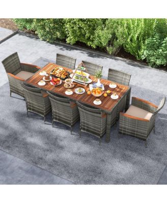 9 PCS Wicker Dining Set Patio Dining Furniture Set w/ Acacia Wood Table & 8 Armchairs