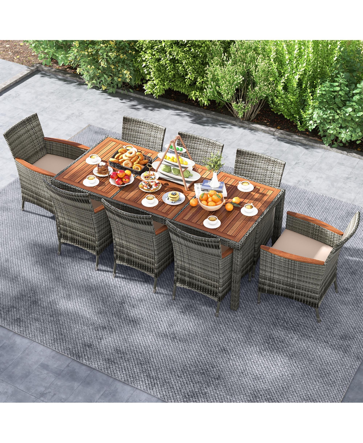 Gymax 9 Pcs Wicker Dining Set Patio Dining Furniture Set w/ Acacia Wood Table & 8 Armchairs - Beige+brown+grey