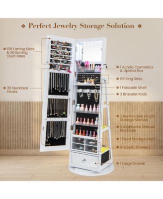 Lockable 360° Swivel Jewelry Cabinet with Full-Length Mirror LED Lights