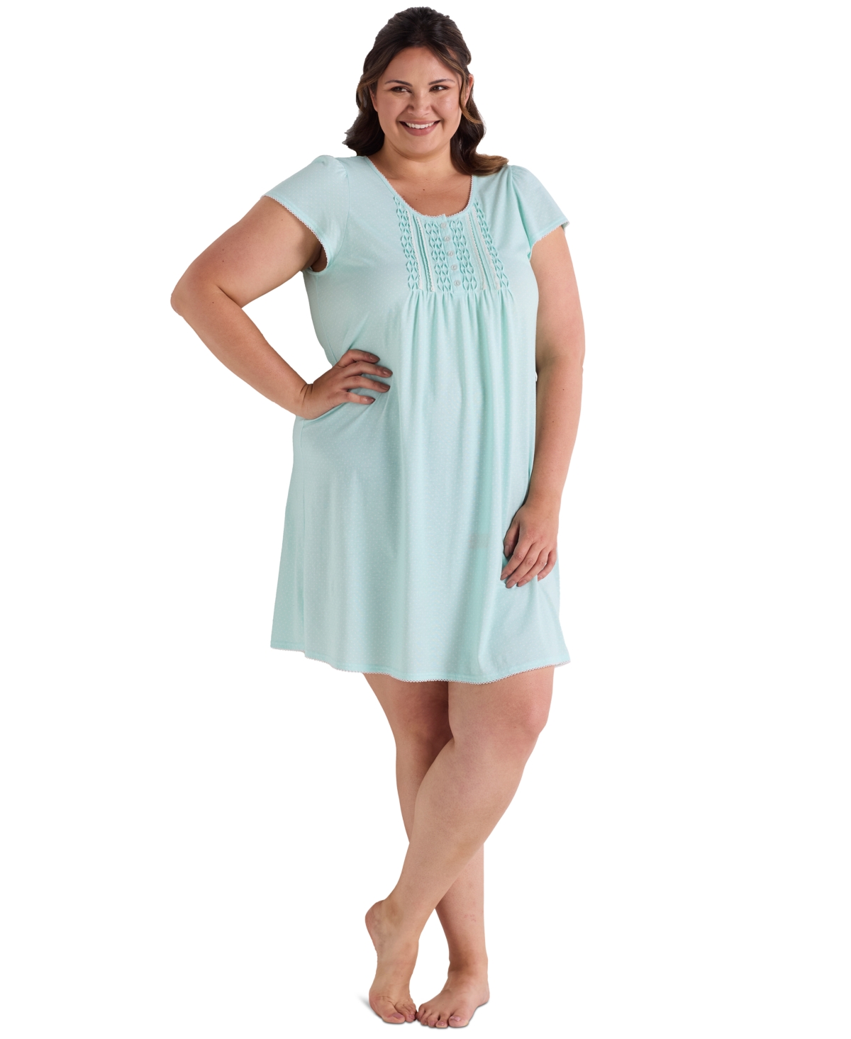 Plus Size Short-Sleeve Printed Short Gown - Mint/white Dot