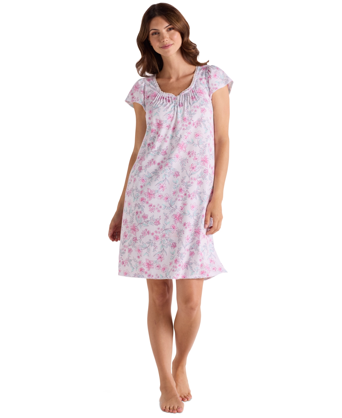 Women's Short-Sleeve Printed Short Gown - Pink/mint Flor Stems