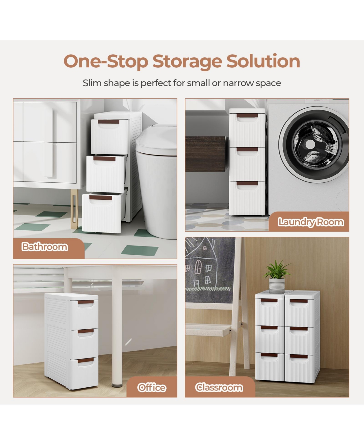 Gouun 3-Drawer Rolling Organizer Unit Narrow Storage Cabinet with Built-In Wheels for Space