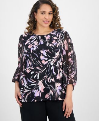 Kasper - Plus Size Printed Sheer-Sleeve Blouse