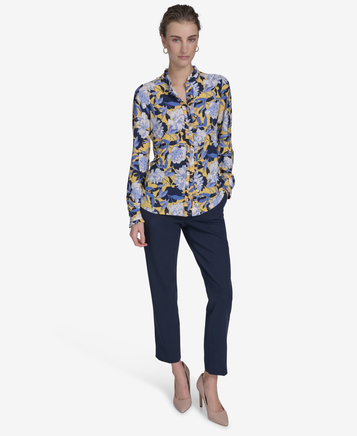 Tommy Hilfiger Women's Floral-print Ruffled-placket Button-down Knit Top In Deep Maize Multi