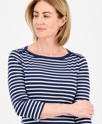 Petite Pima Cotton Striped Boat-Neck 3/4-Sleeve Top