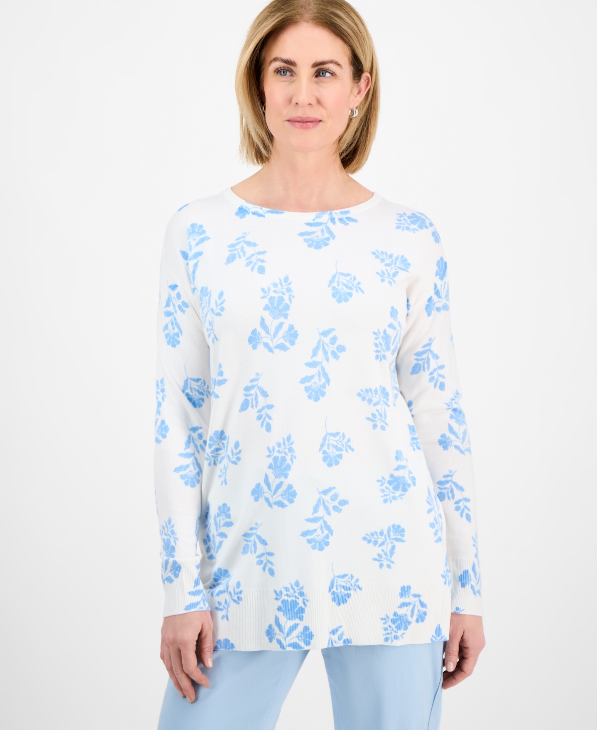 Petite Fine-Gauge Tunic Sweater, Exclusively at Macy's - Fuana Blue